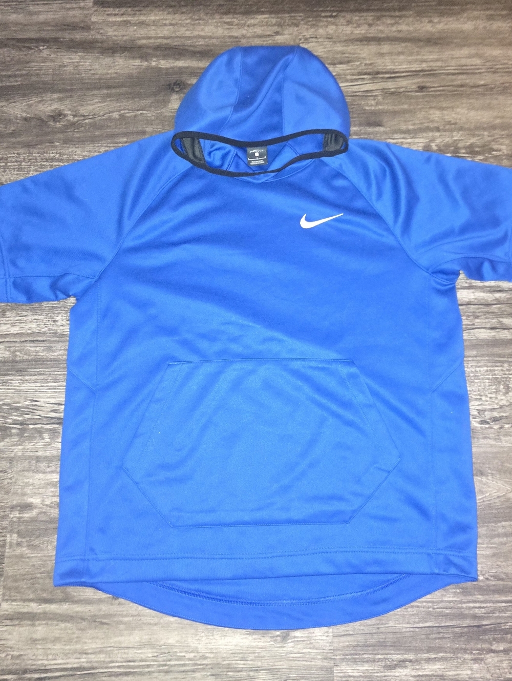 Nike Royal Blue Hooded Athletic Pullover Dri-fit Top with White Swoosh L